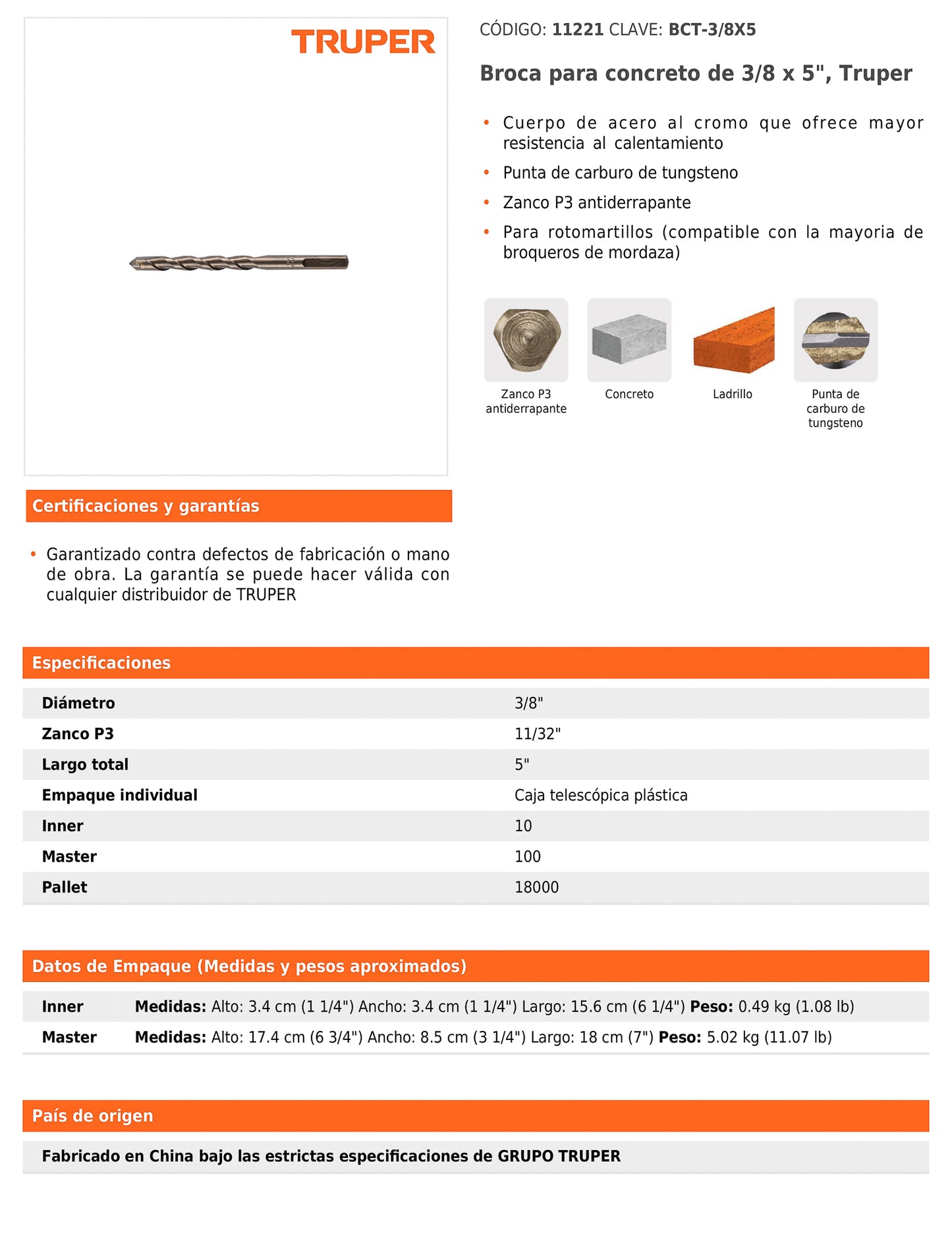 Broca para concreto de 3/8 x 5 in con punta de carburo de tungsteno