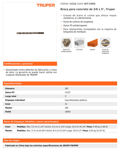 Broca para concreto de 3/8 x 5 in con punta de carburo de tungsteno