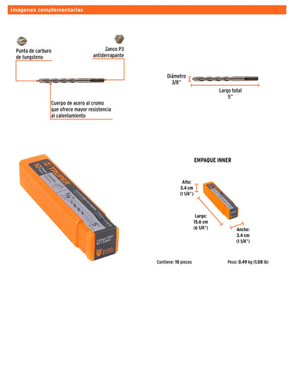 Broca para concreto de 3/8 x 5 in con punta de carburo de tungsteno