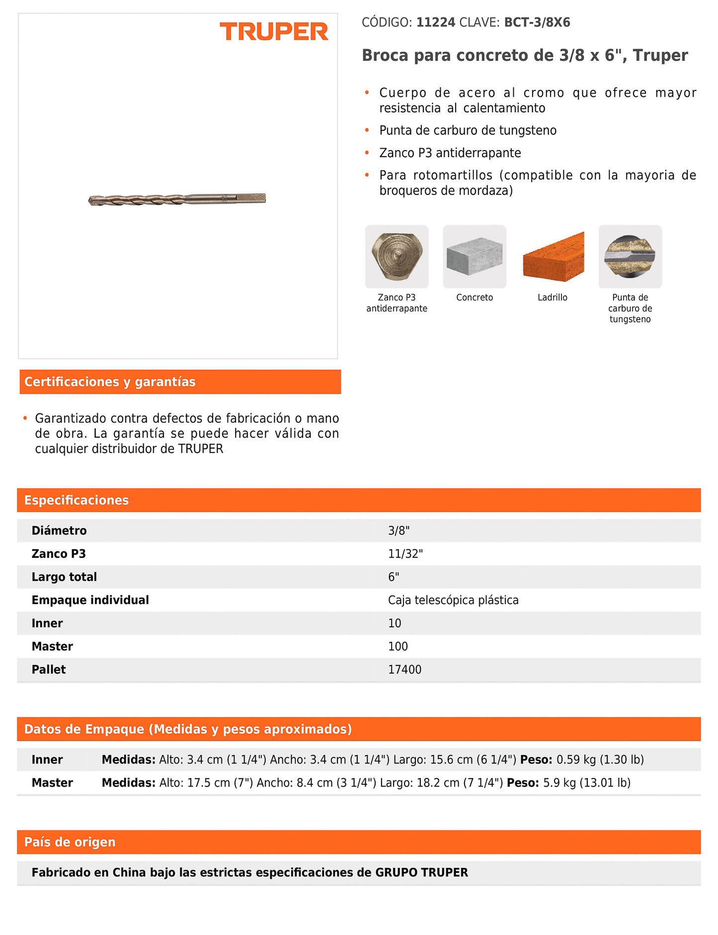 Broca para concreto de 3/8 x 6 in con punta de carburo de tungsteno