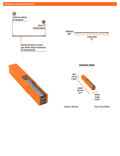 Broca para concreto de 3/8 x 12 in con punta de carburo de tungsteno