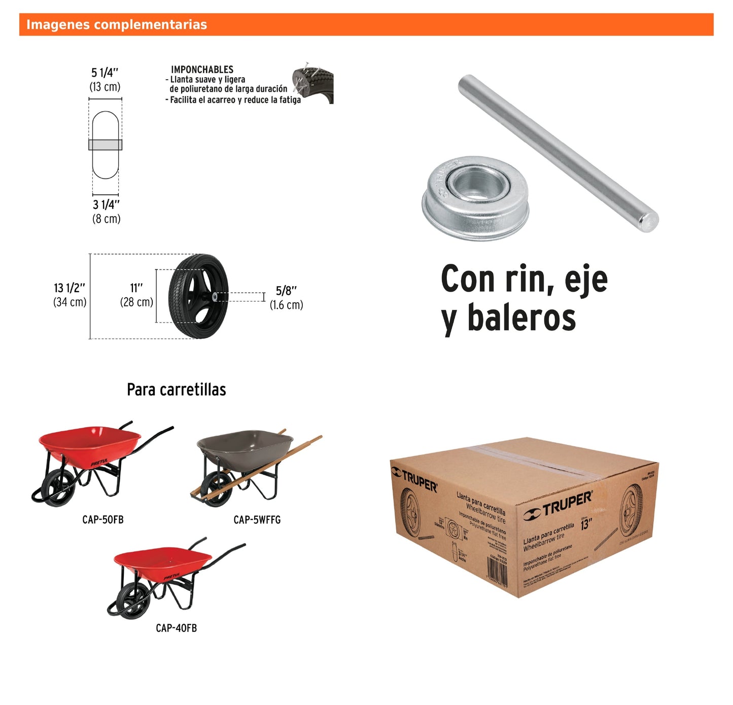 Llanta completa imponchable 13-1/2" incluye eje y baleros