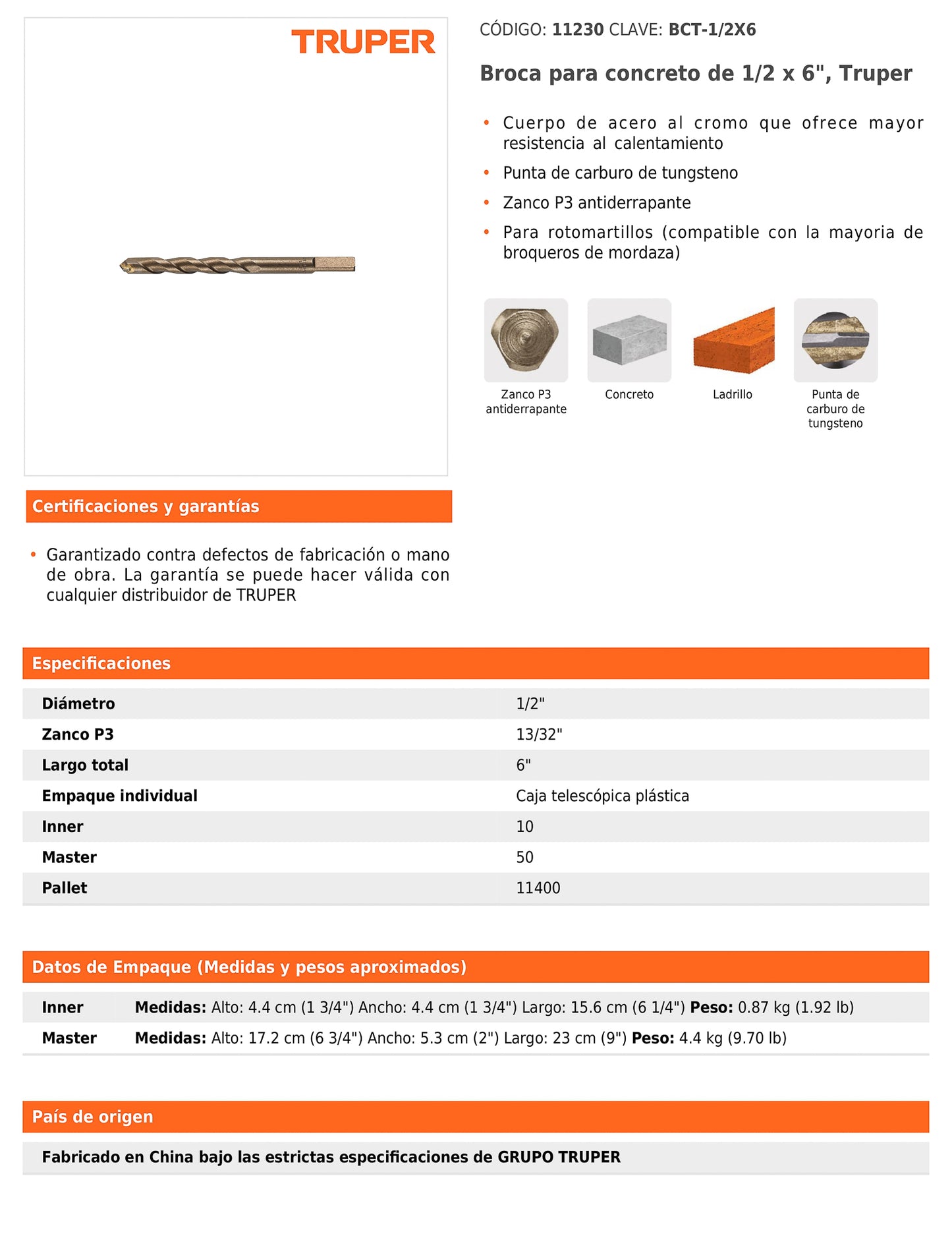 Broca para concreto de 1/2 x 6 in con punta de carburo de tungsteno