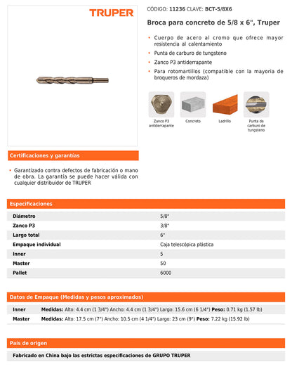 Broca para concreto de 5/8 x 6 in con punta de carburo de tungsteno
