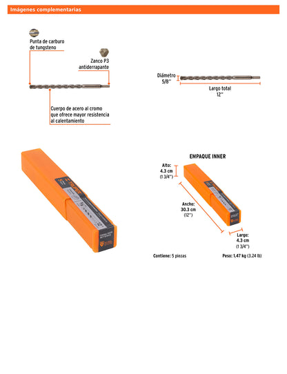 Broca para concreto de 5/8 x 12 in con punta de carburo de tungsteno