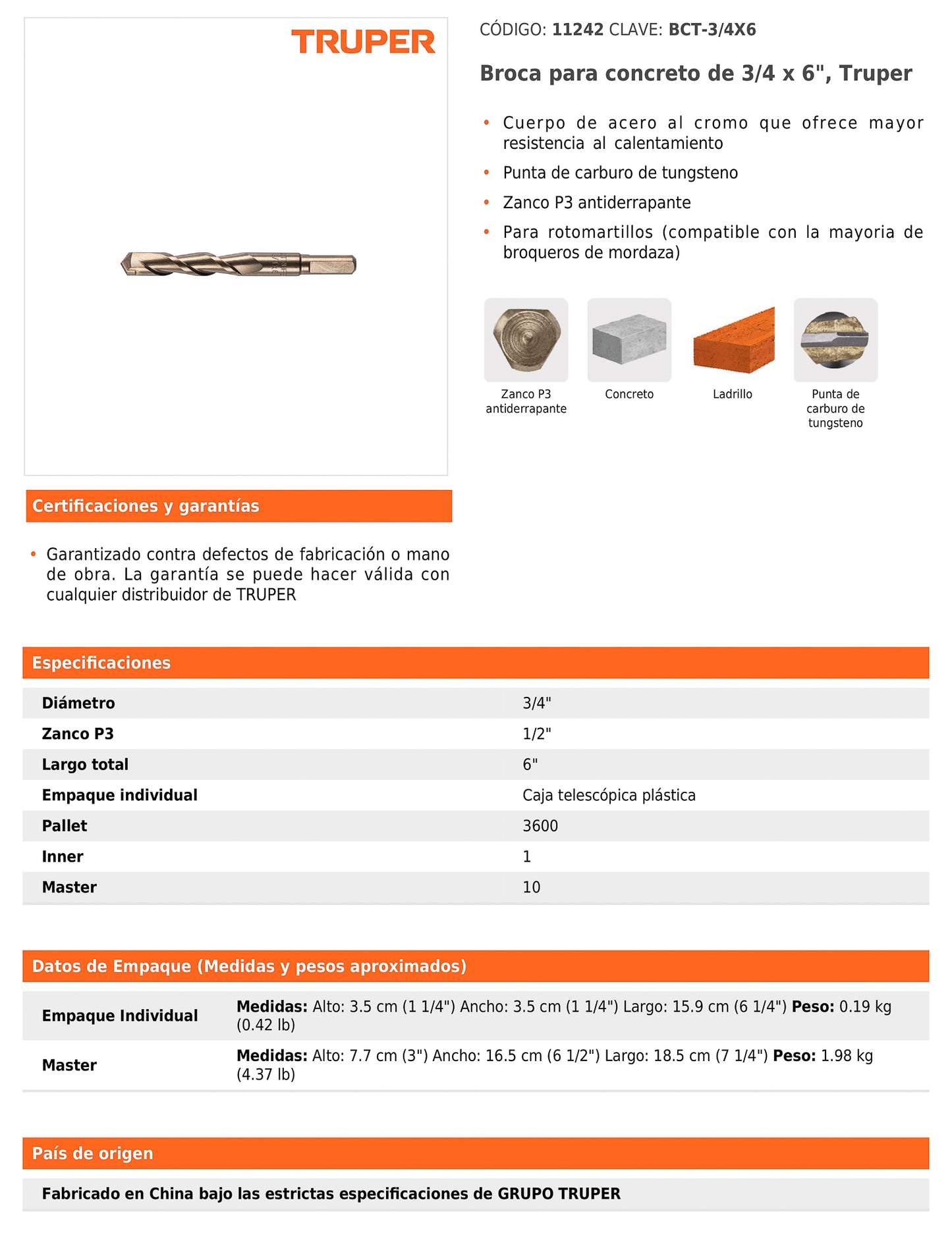 Broca para concreto de 3/4 x 6 in con punta de carburo de tungsteno