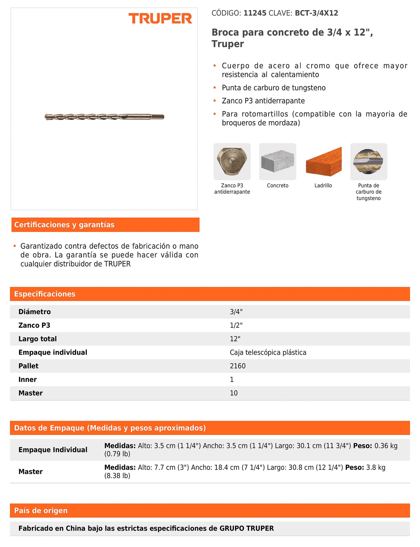 Broca para concreto de 3/4 x 12 in con punta de carburo de tungsteno