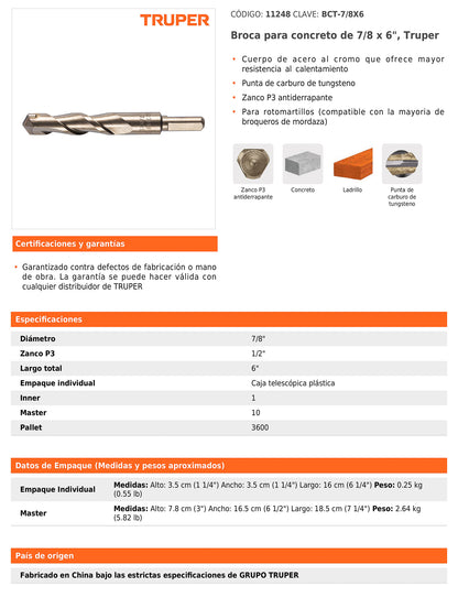 Broca para concreto de 7/8 x 6 in con punta de carburo de tungsteno
