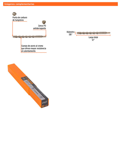 Broca para concreto de 7/8 x 12 in con punta de carburo de tungsteno