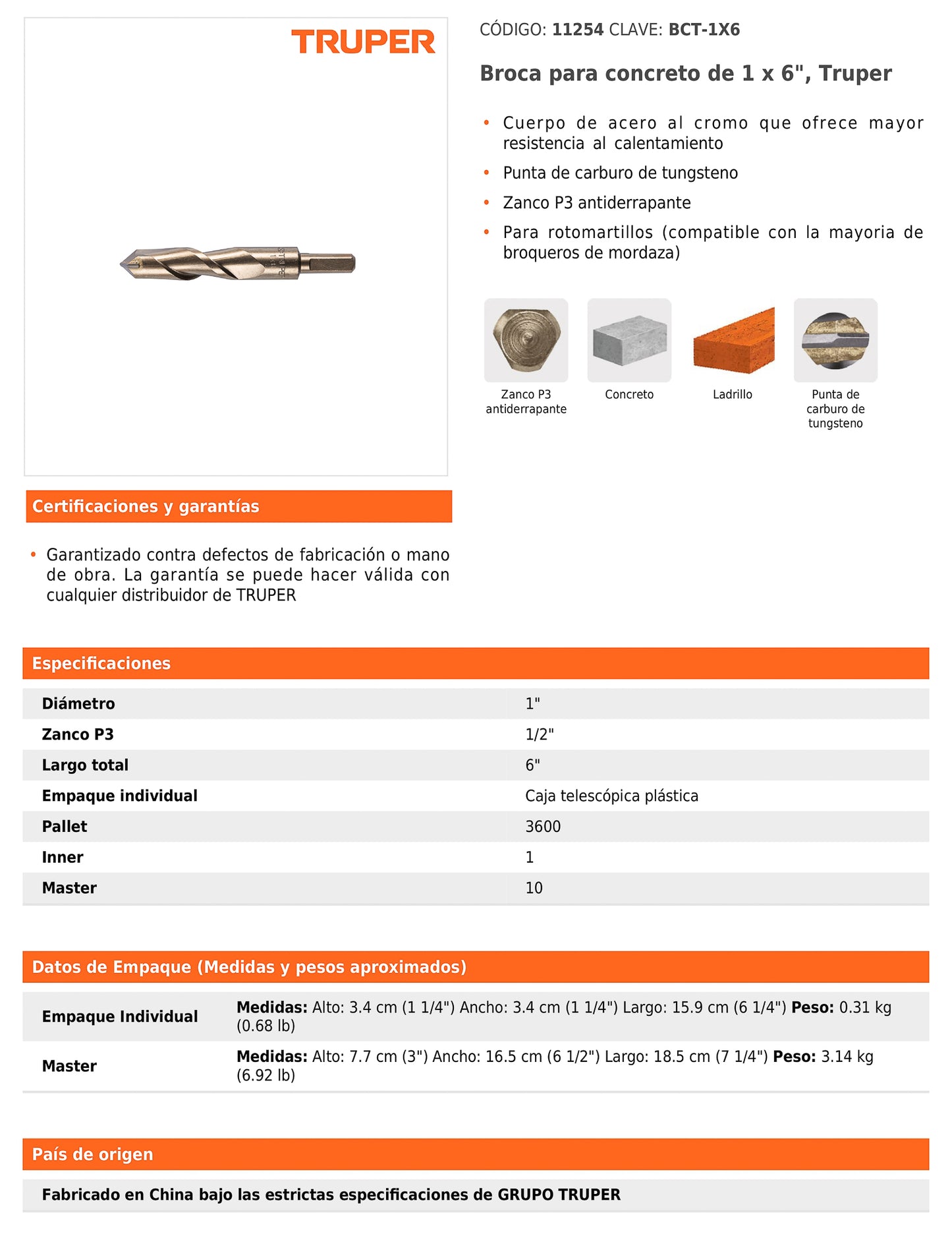 Broca para concreto de 1 x 6 in con punta de carburo de tungsteno