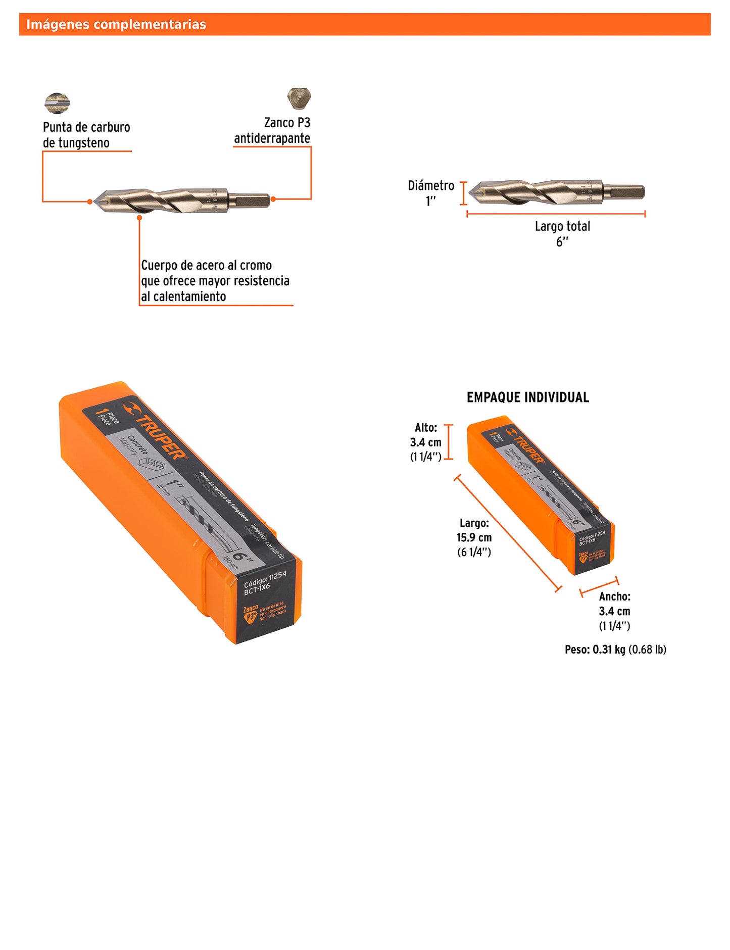 Broca para concreto de 1 x 6 in con punta de carburo de tungsteno