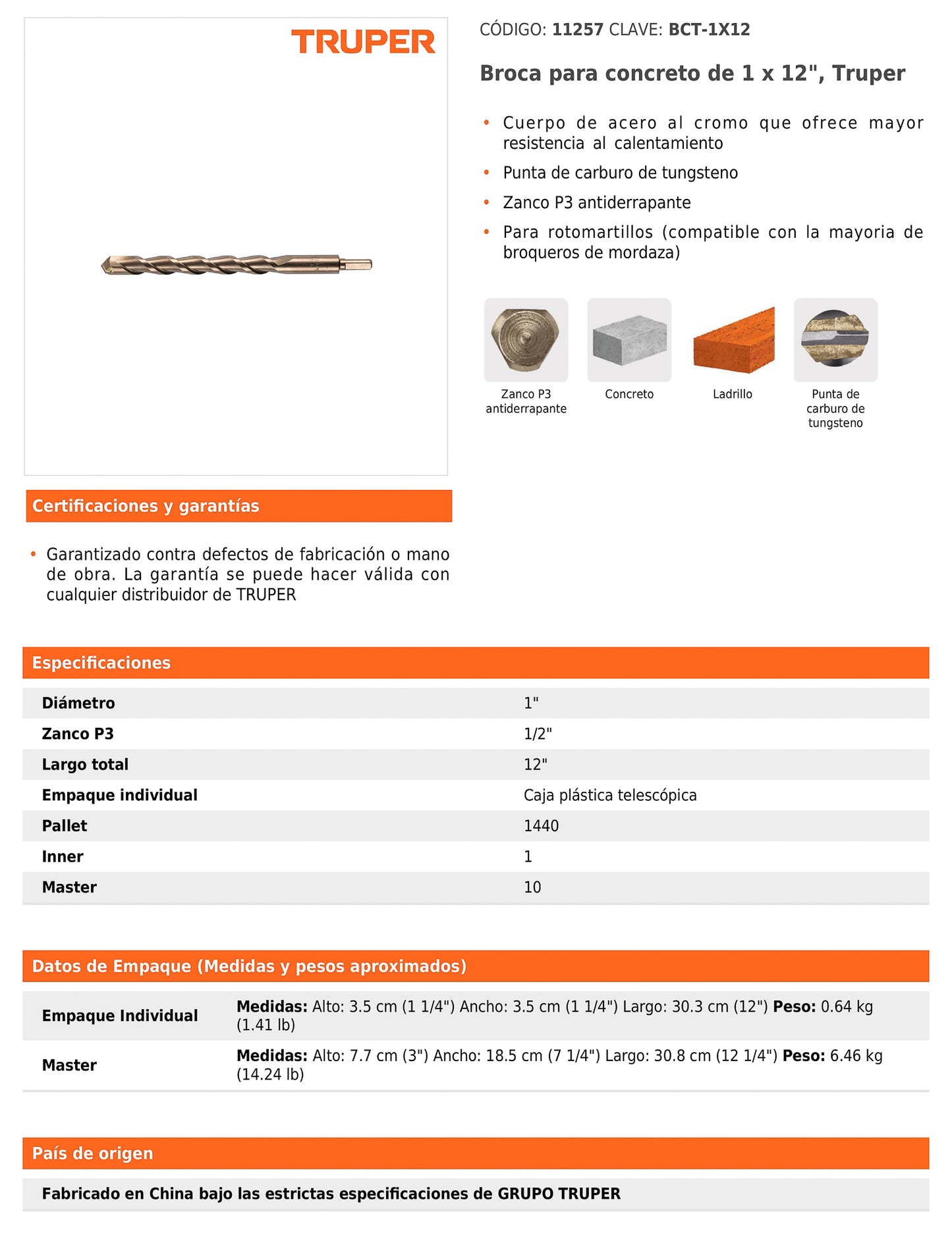 Broca para concreto de 1 x 12 in con punta de carburo de tungsteno