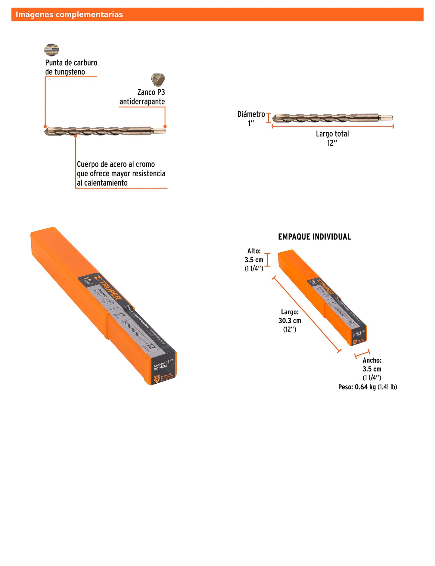 Broca para concreto de 1 x 12 in con punta de carburo de tungsteno