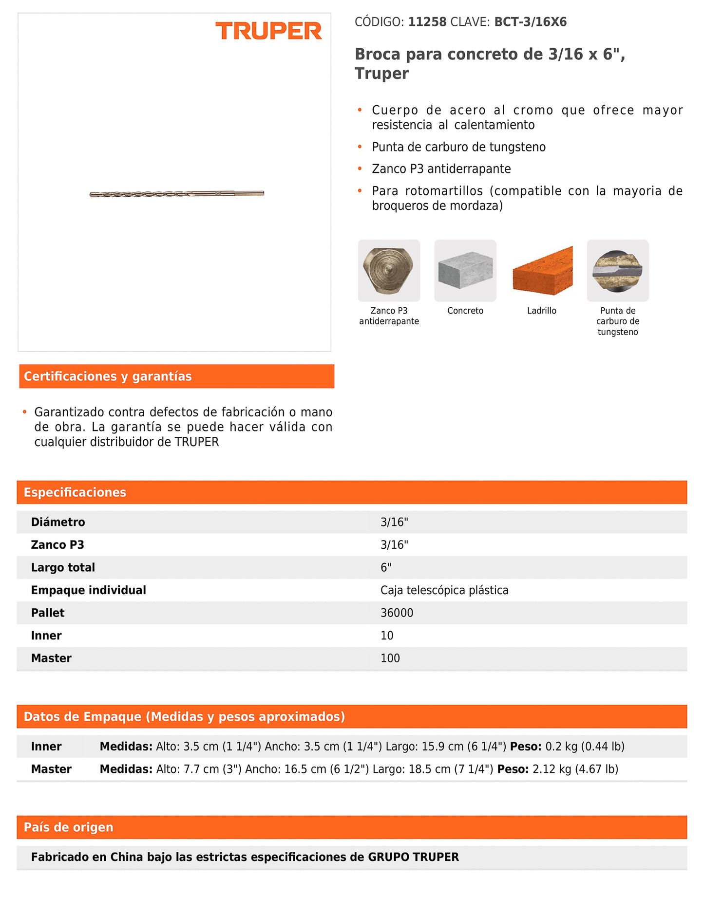Broca para concreto de 3/16 x 6 in con punta de carburo de tungsteno