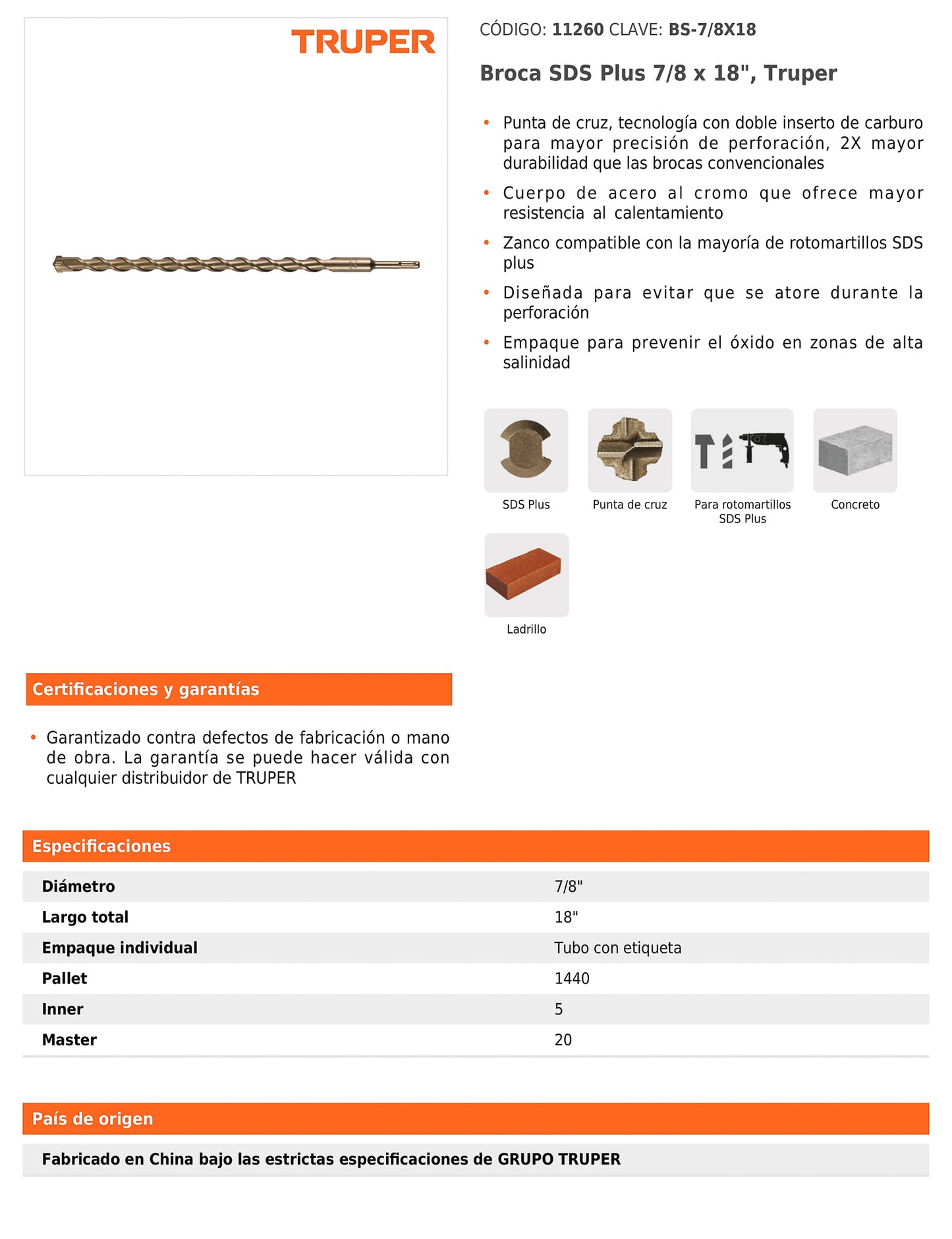 Broca SDS Plus de 7/8 in con largo de 18 in