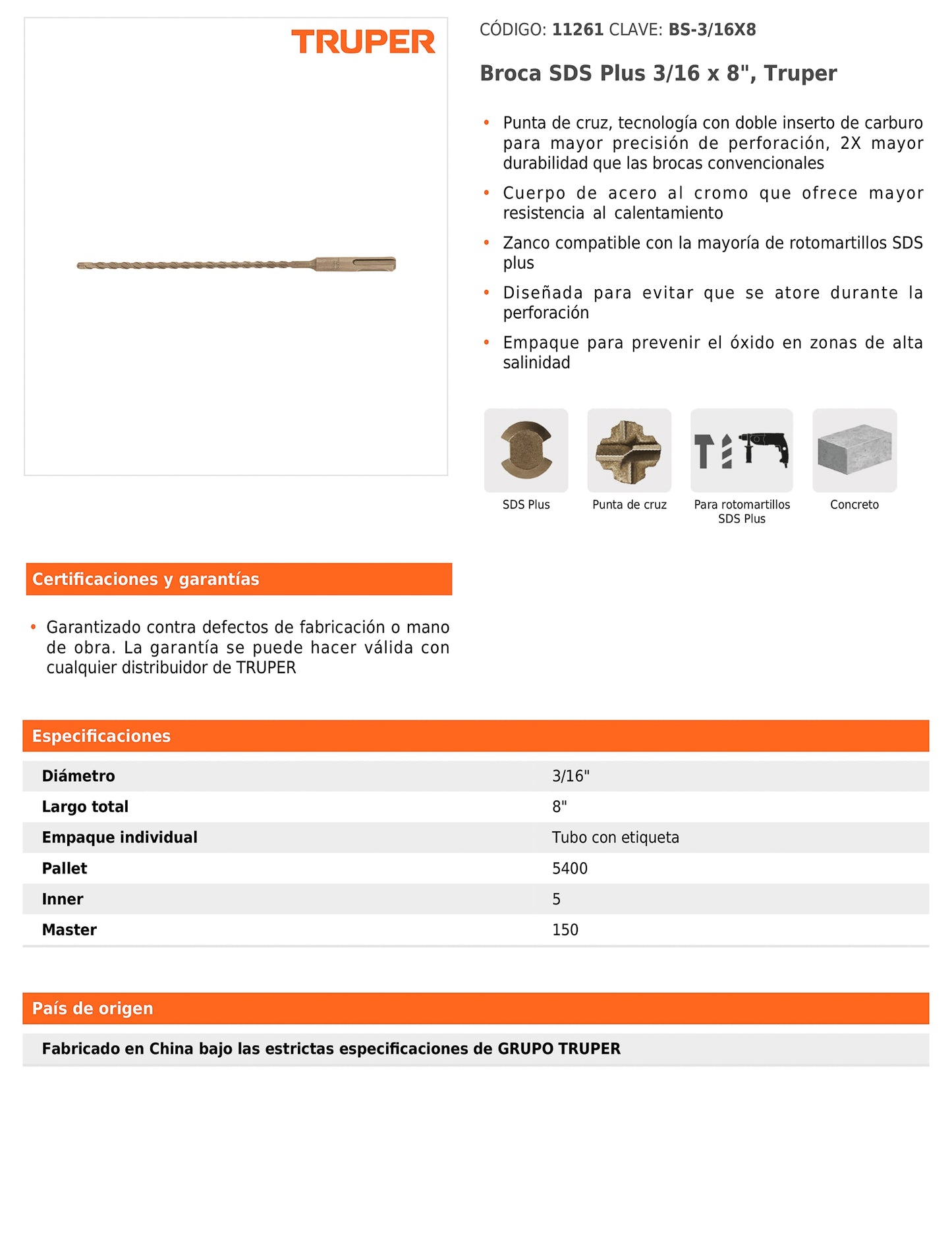 Broca SDS Plus de 3/16 x 8 in con cuerpo de acero al cromo