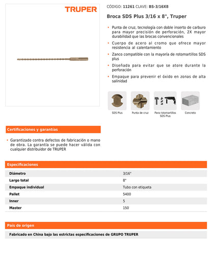 Broca SDS Plus de 3/16 x 8 in con cuerpo de acero al cromo