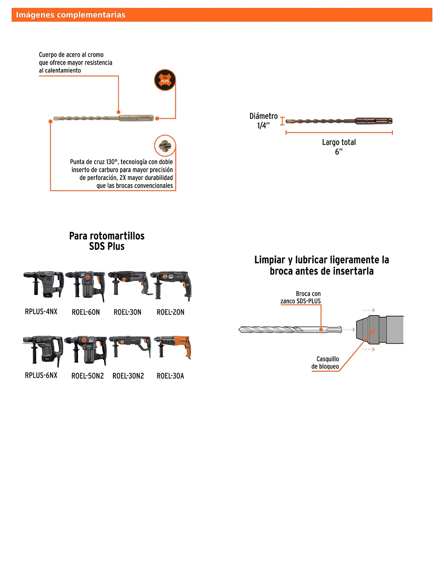 Broca SDS Plus de 1/4 x 6 in con cuerpo de acero al cromo