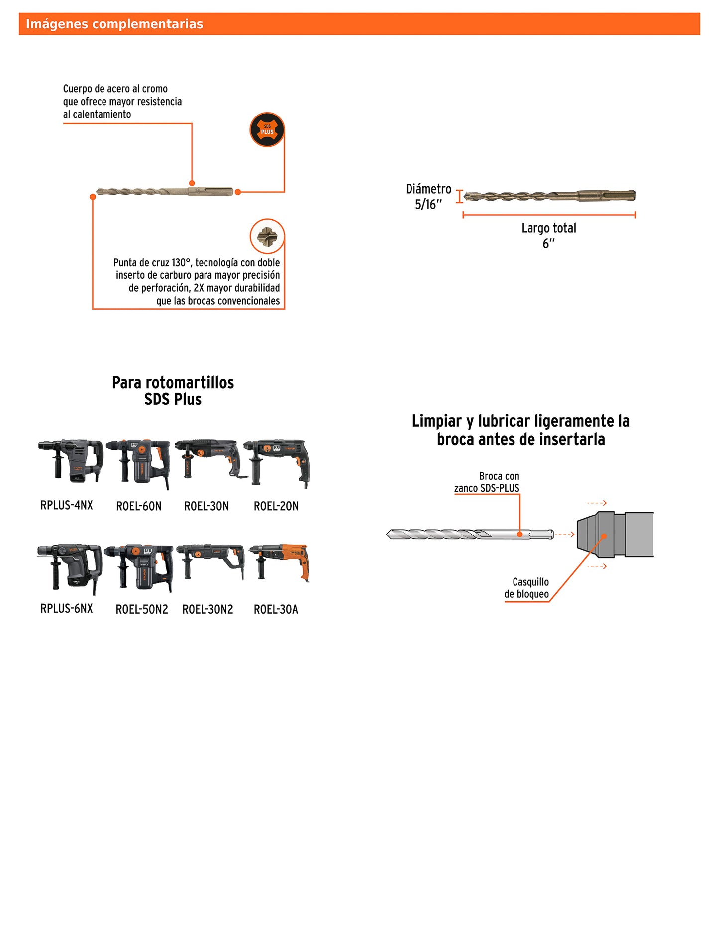 Broca SDS Plus de 5/16 x 6 in con cuerpo de acero al cromo