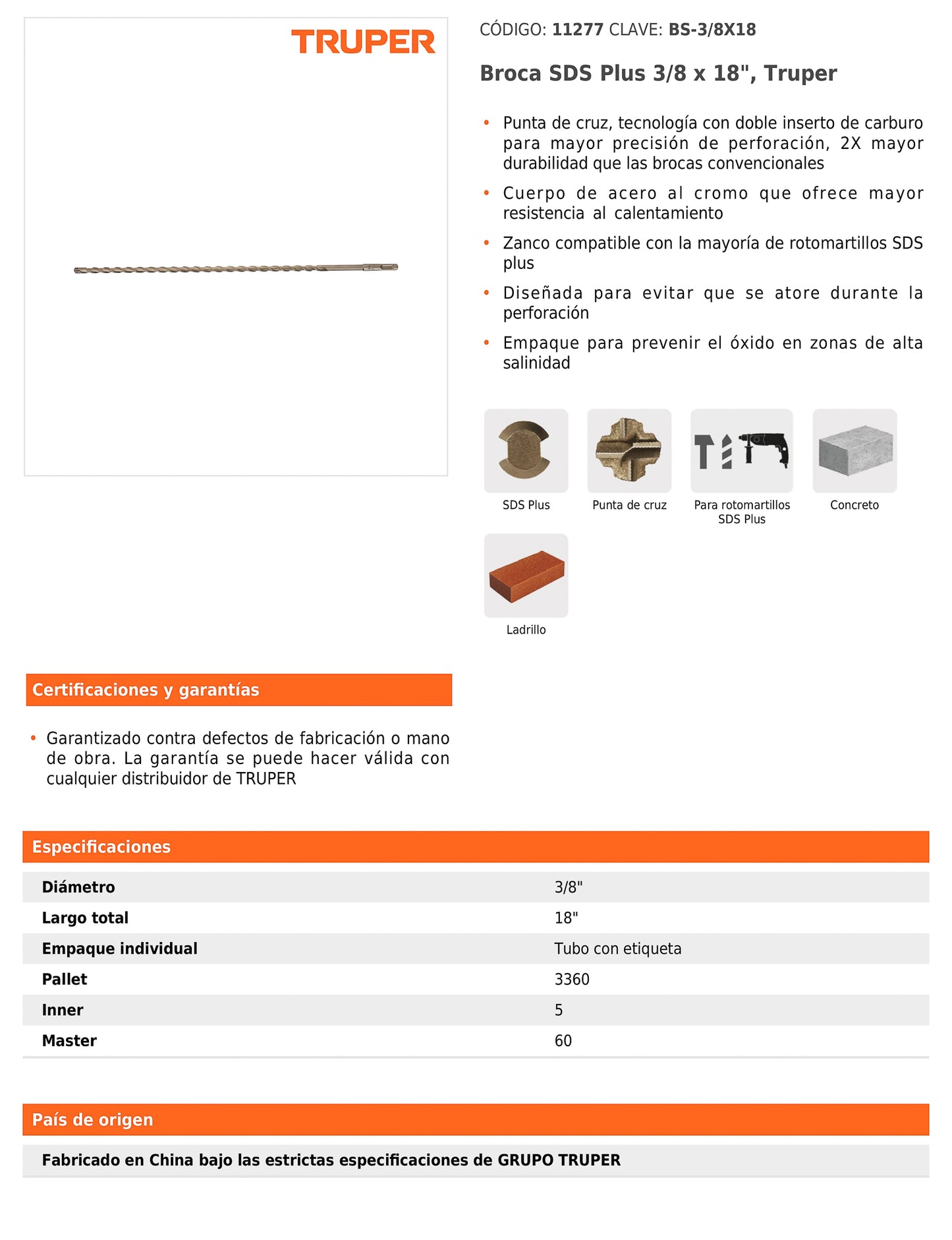Broca SDS Plus de 3/8 x 18 in con cuerpo de acero al cromo