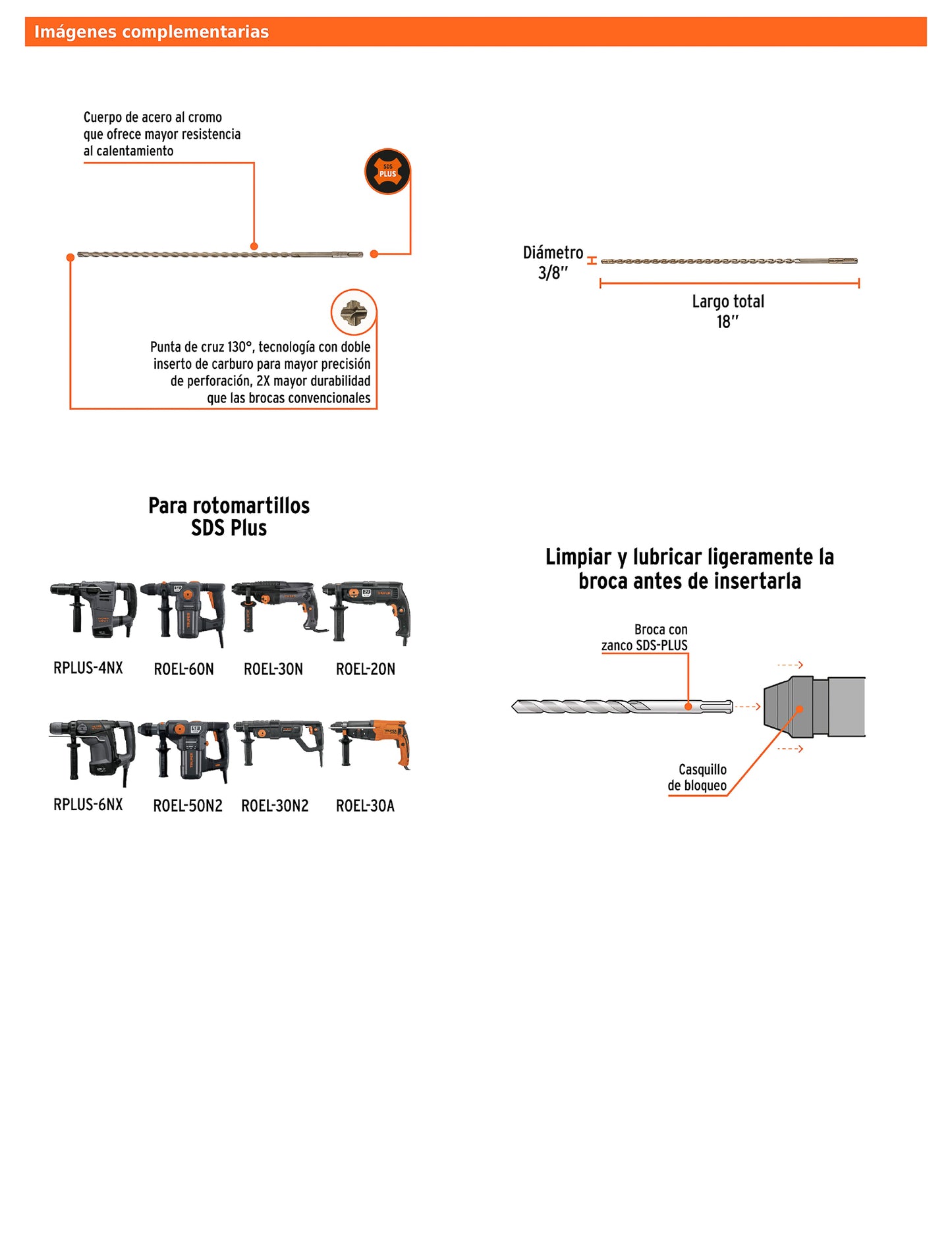Broca SDS Plus de 3/8 x 18 in con cuerpo de acero al cromo