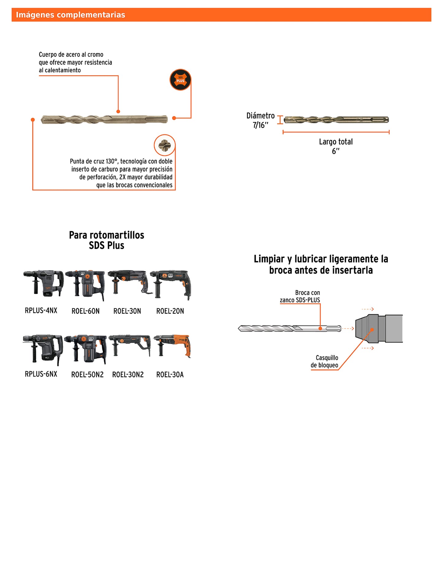 Broca SDS Plus de 7/16 x 6 in con cuerpo de acero al cromo