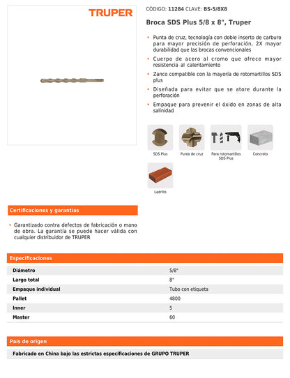 Broca SDS Plus de 5/8 in con largo de 8 in