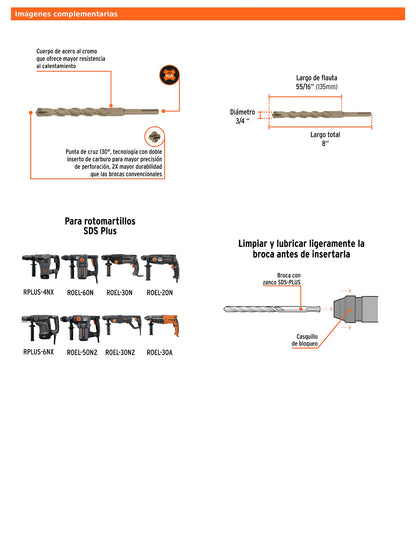 Broca SDS Plus de 3/4 in con largo de 8 in
