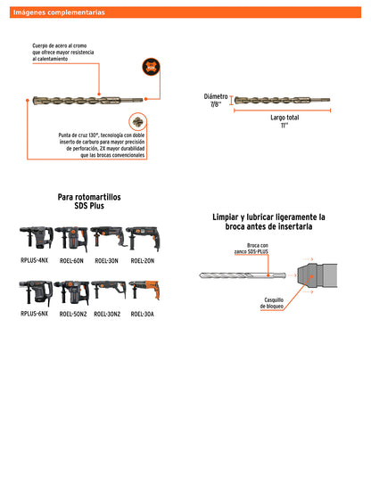 Broca SDS Plus de 7/8 in con largo de 11 in