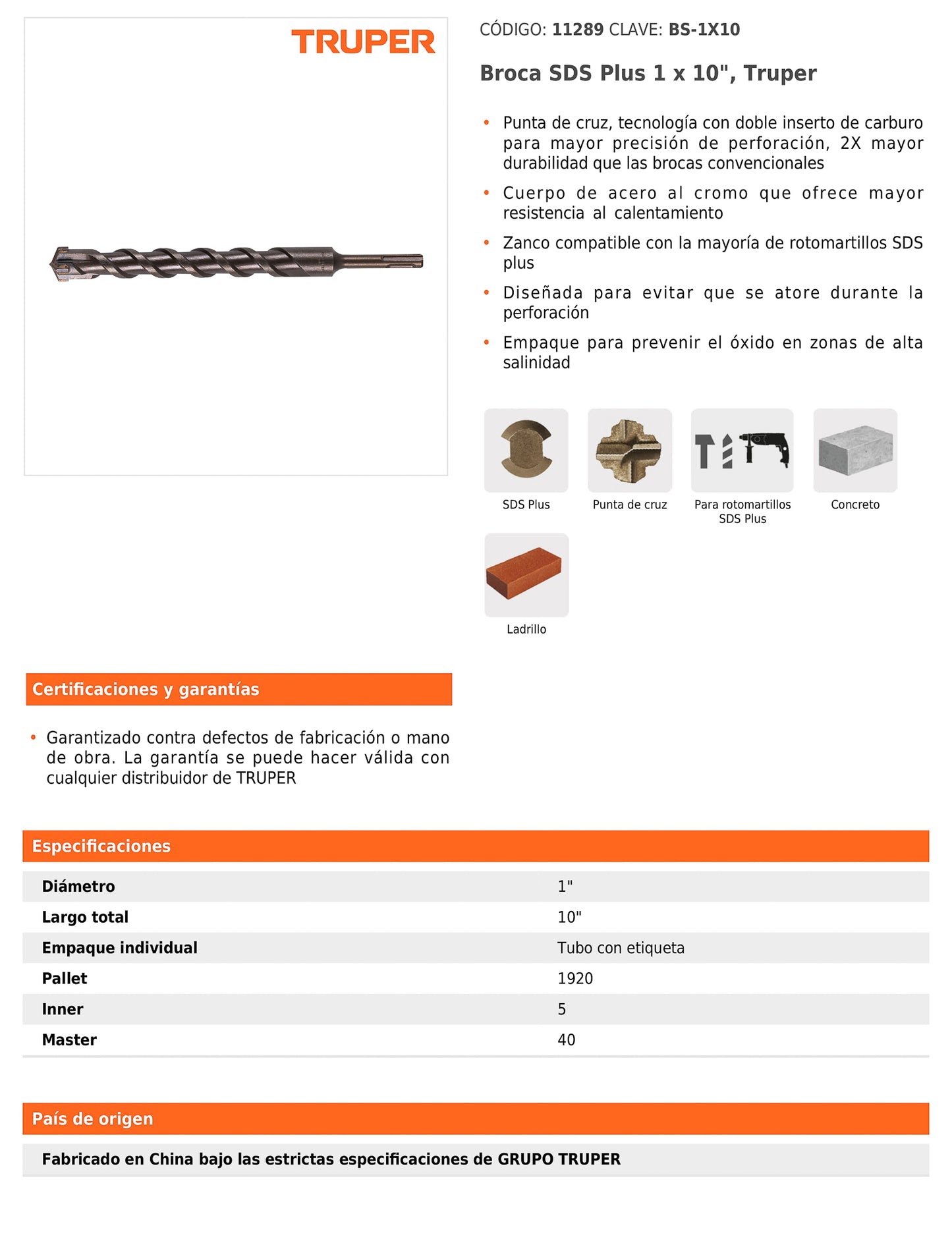 Broca SDS Plus de 1 in con largo de 10 in