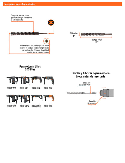 Broca SDS Plus de 1 in con largo de 10 in