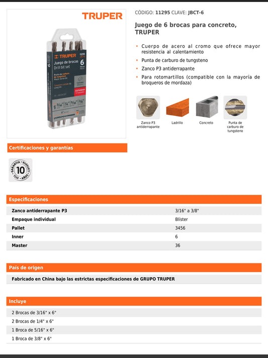 Juego de 6 brocas para concreto con punta de carburo de tungsteno