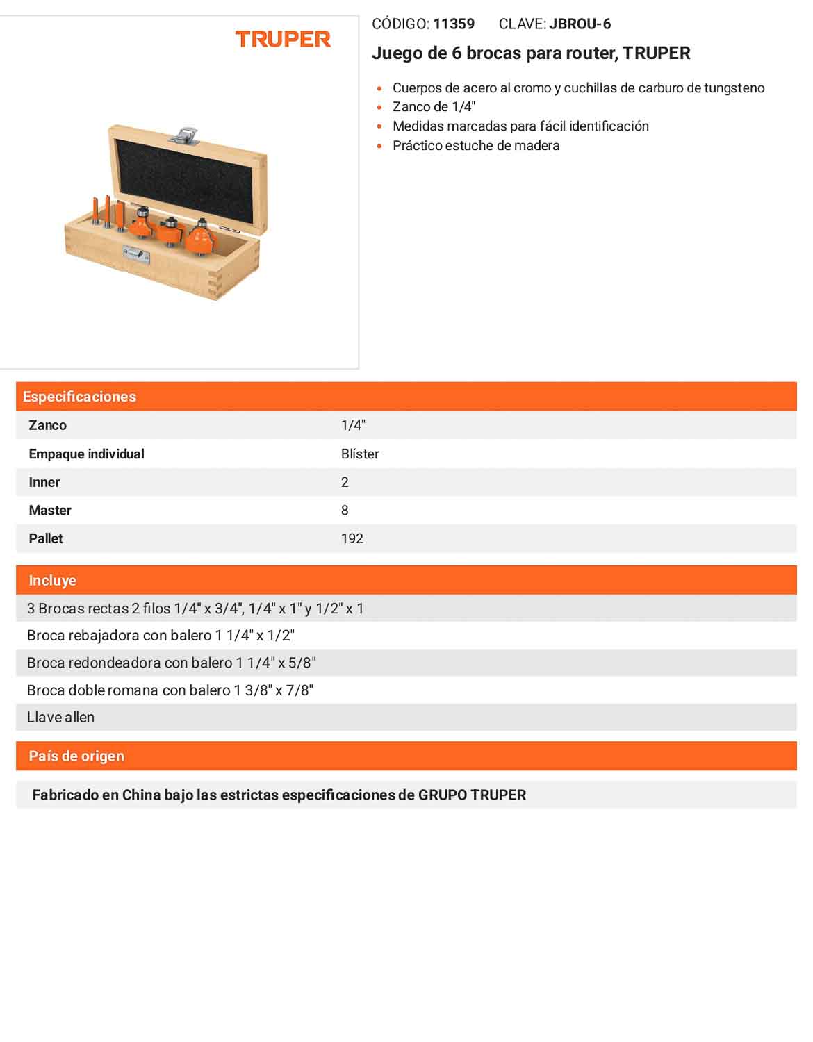 Juego de 6 brocas para router con estuche