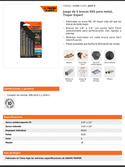 Juego de 5 brocas HSS para metal con punta Split Point
