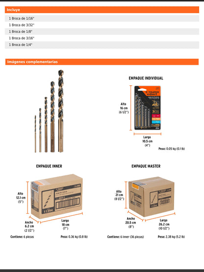 Juego de 5 brocas HSS para metal con punta Split Point