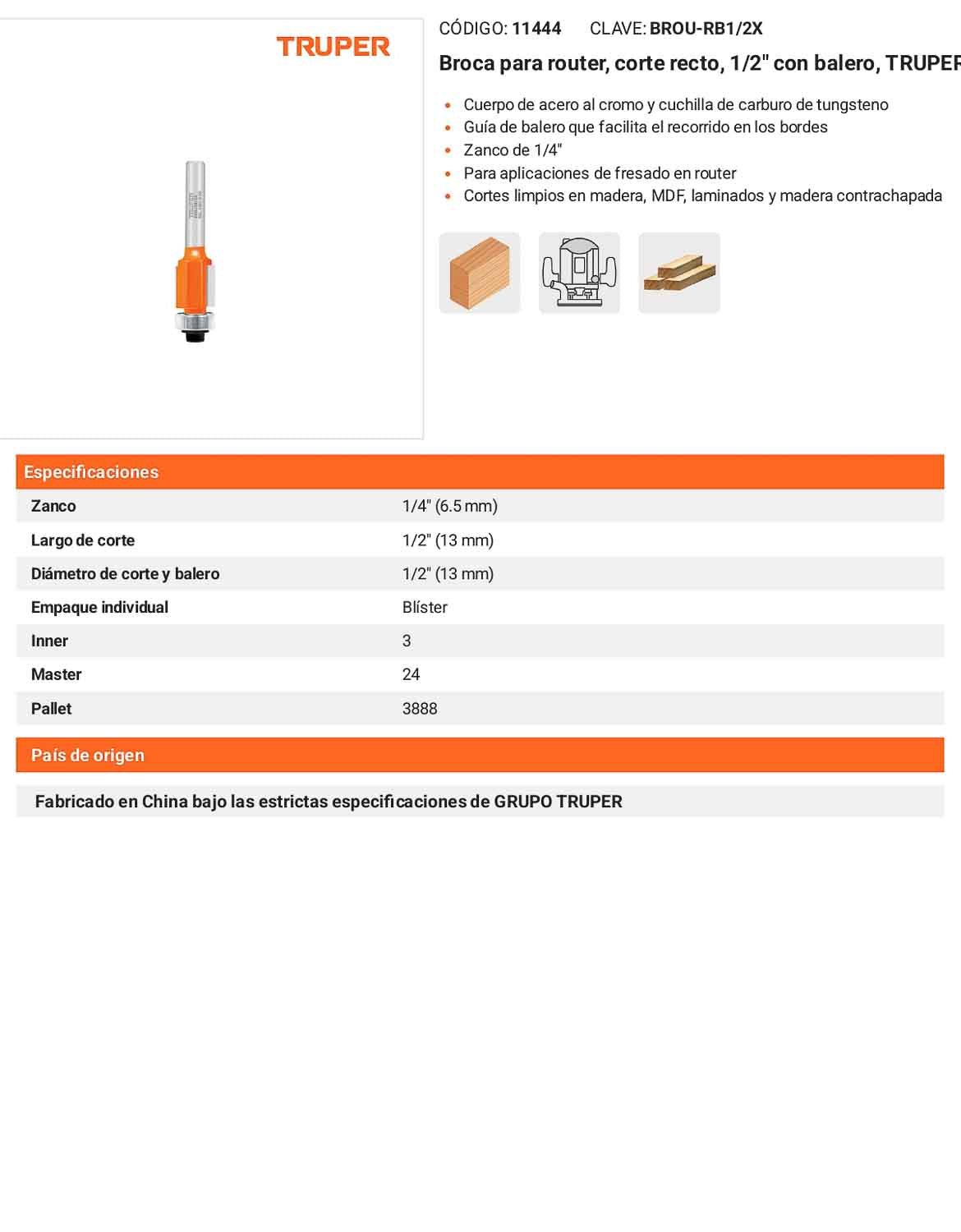 Broca para router corte recto 1/2"