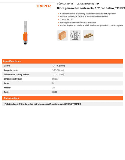 Broca para router corte recto 1/2"