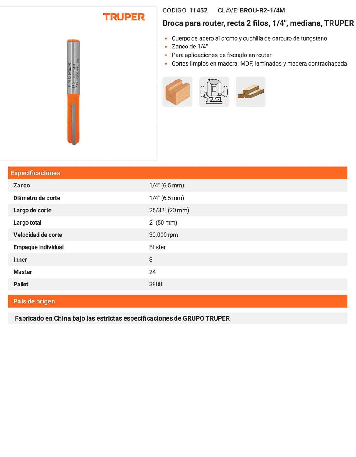 Broca para router recta 2 filos 1/4" mediana