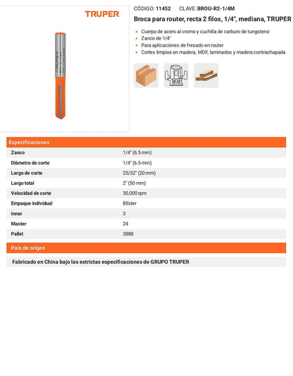 Broca para router recta 2 filos 1/4" mediana