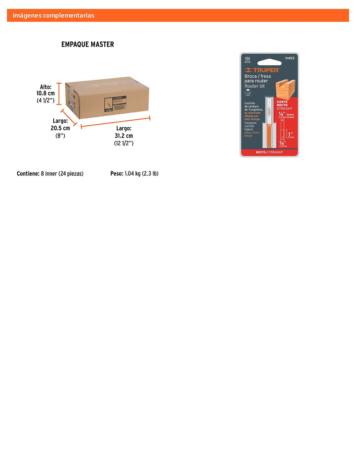 Broca para router recta 2 filos 1/4" larga