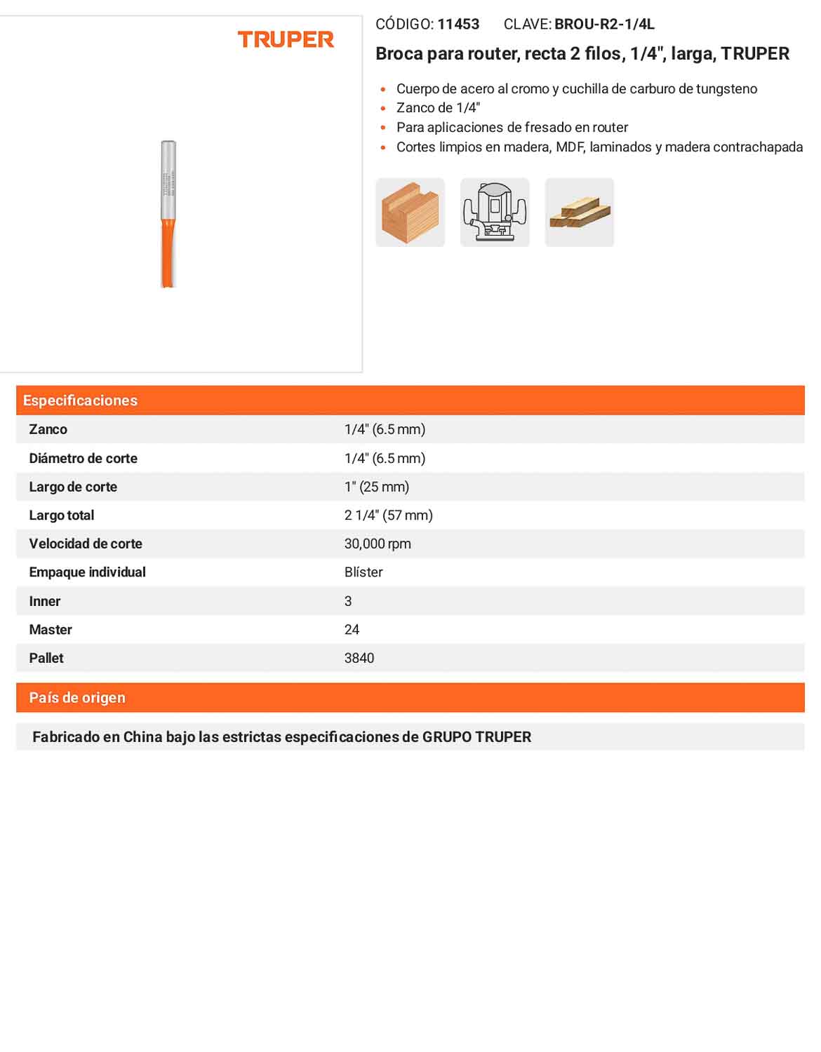 Broca para router recta 2 filos 1/4" larga