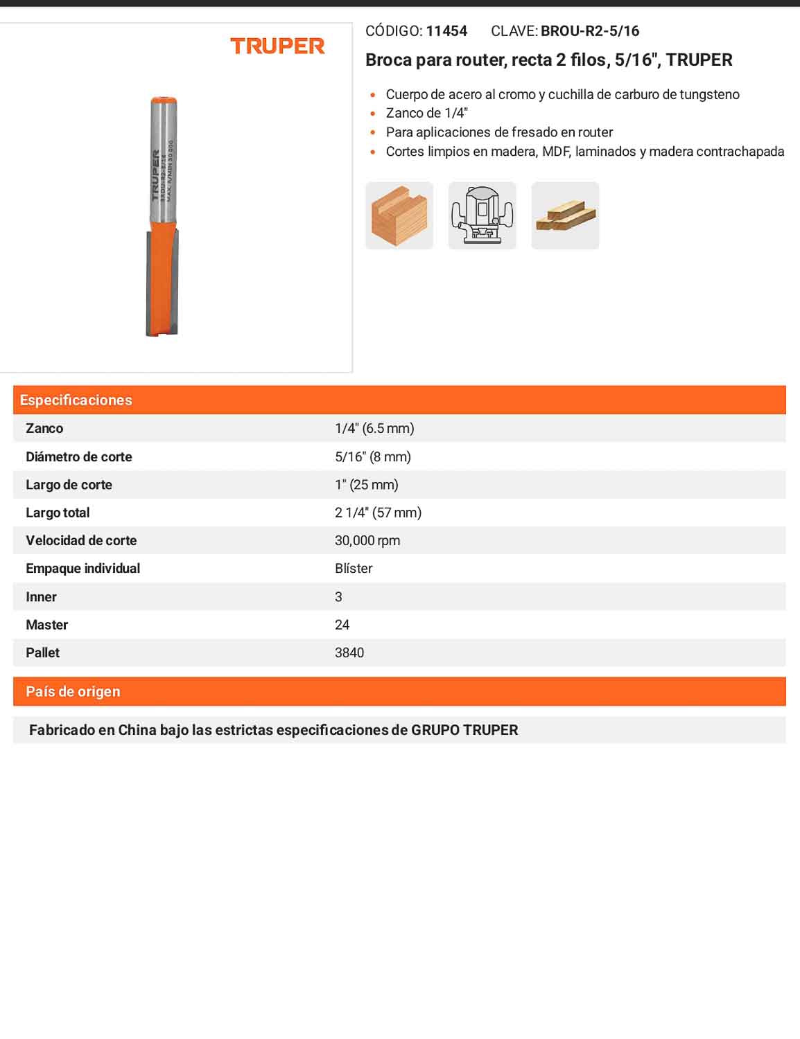Broca para router recta 2 filos 5/16"
