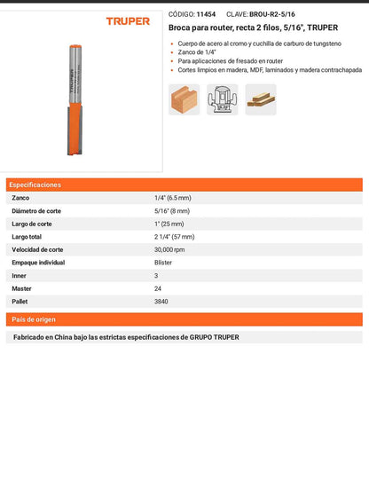 Broca para router recta 2 filos 5/16"