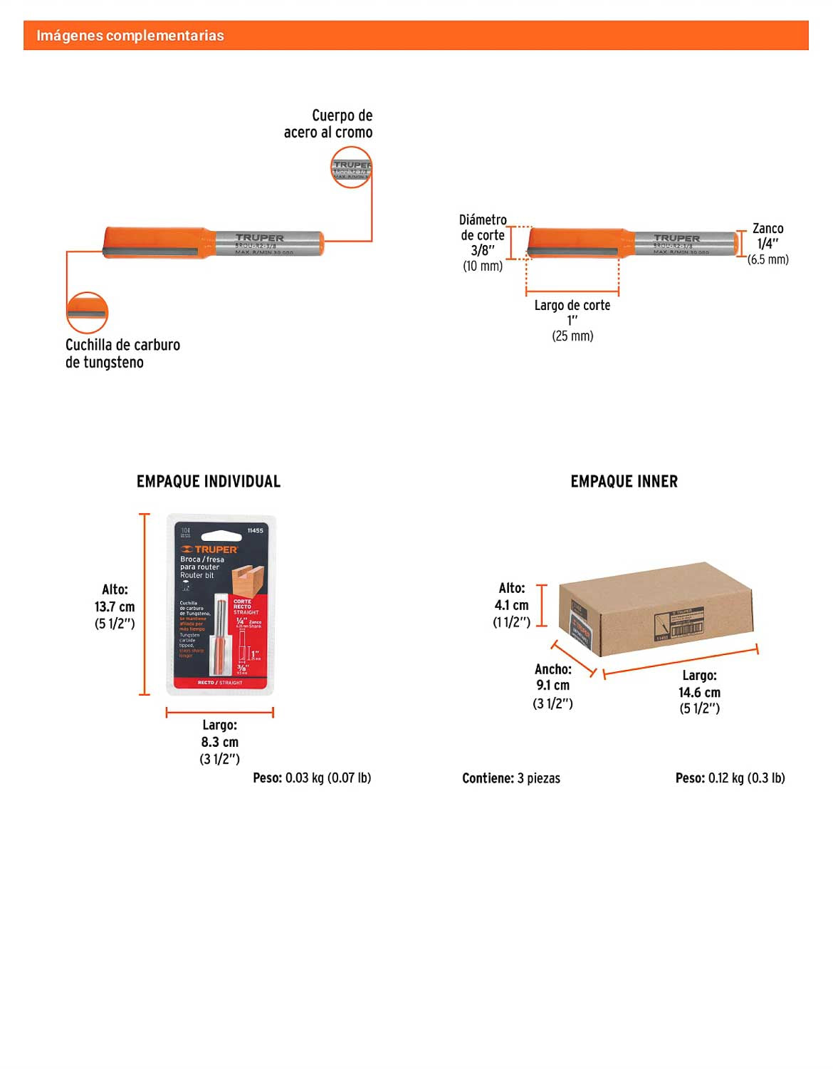 Broca para router recta 2 filos 3/8"