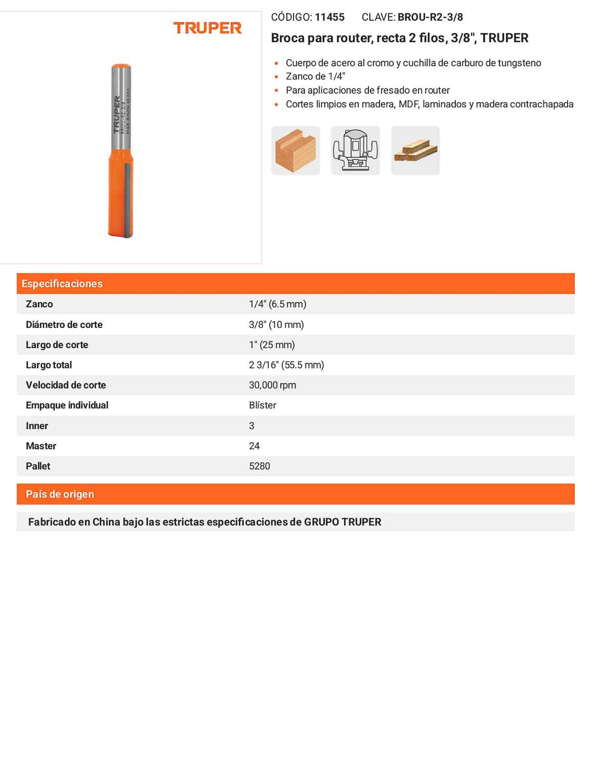 Broca para router recta 2 filos 3/8"