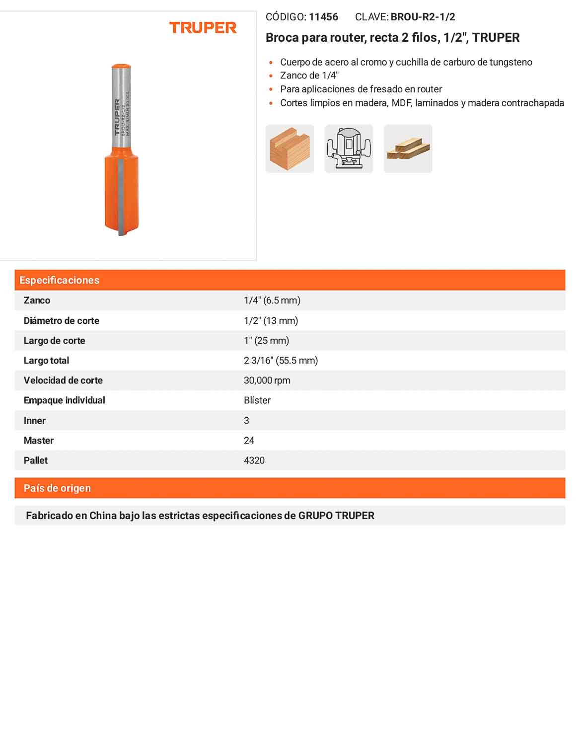 Broca para router recta 2 filos 1/2"