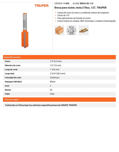 Broca para router recta 2 filos 1/2"