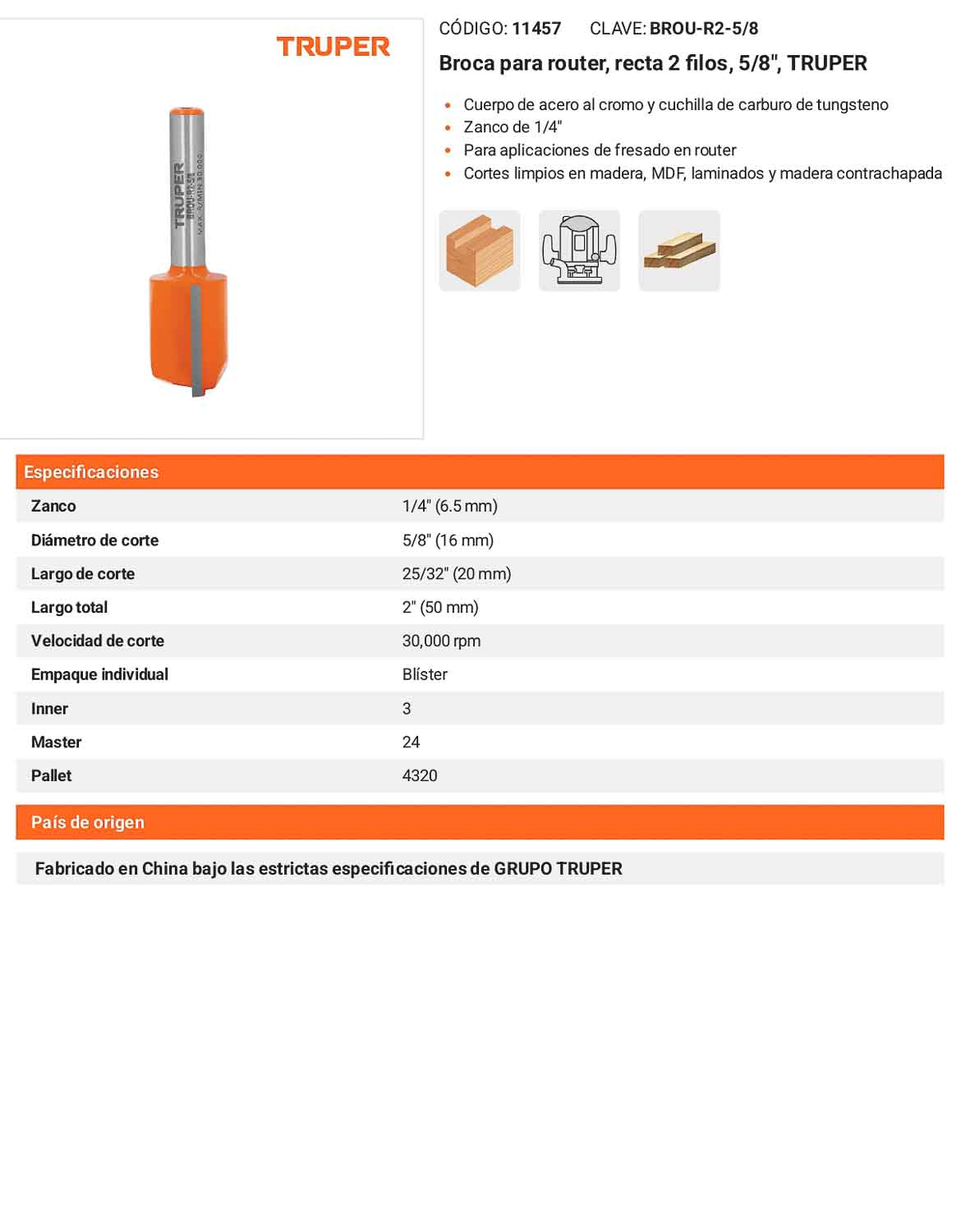 Broca para router recta 2 filos 5/8"