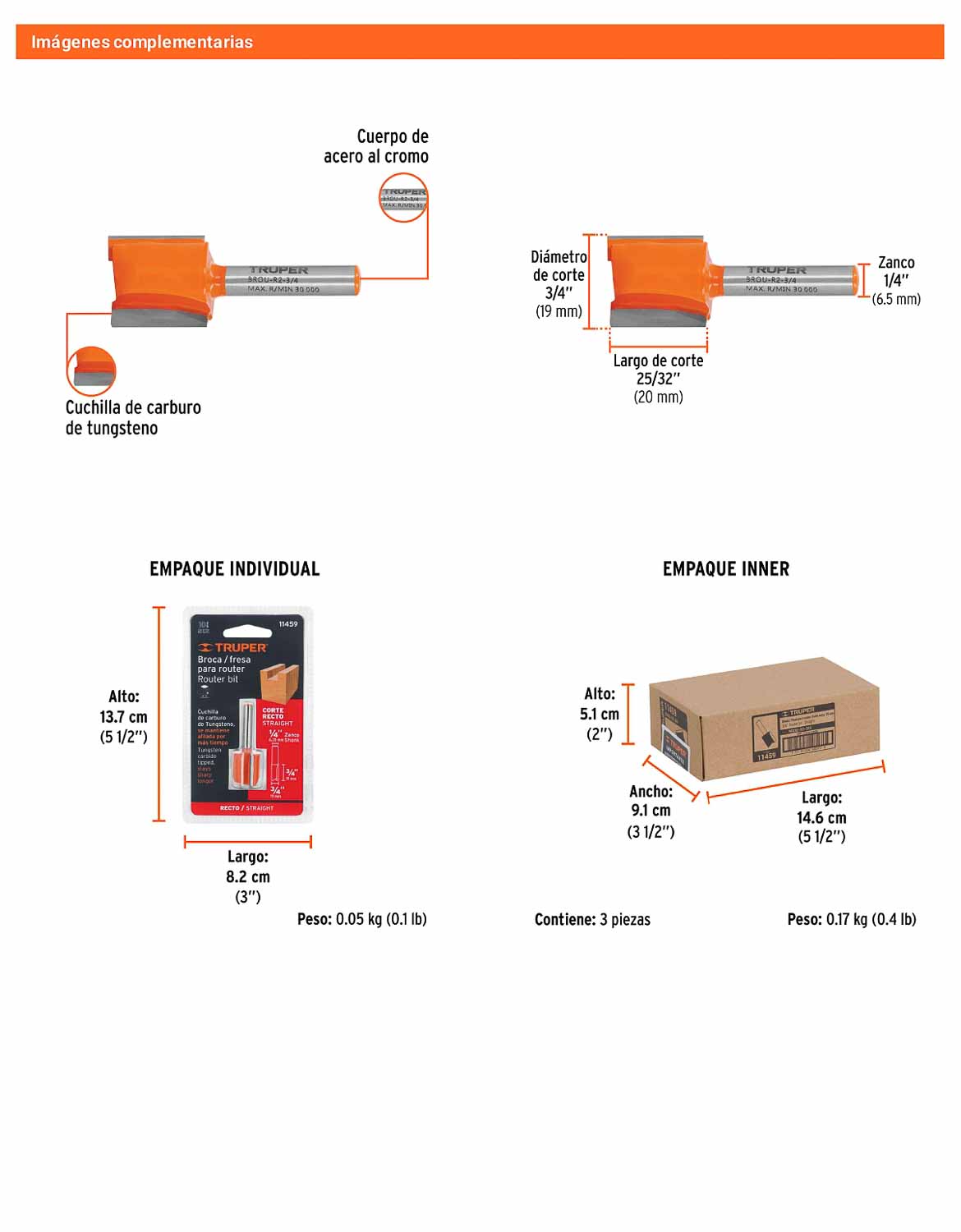 Broca para router recta 2 filos 3/4"