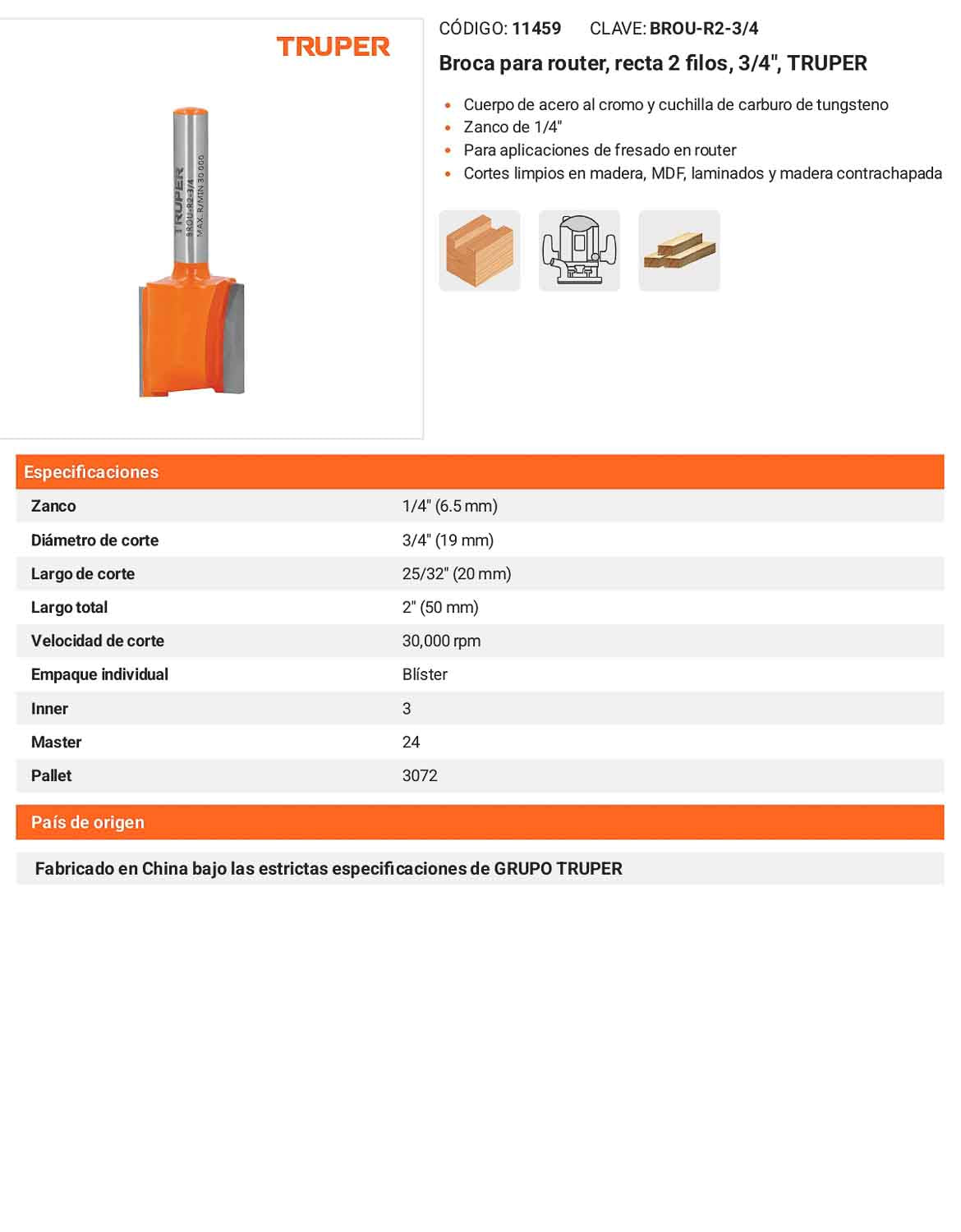 Broca para router recta 2 filos 3/4"